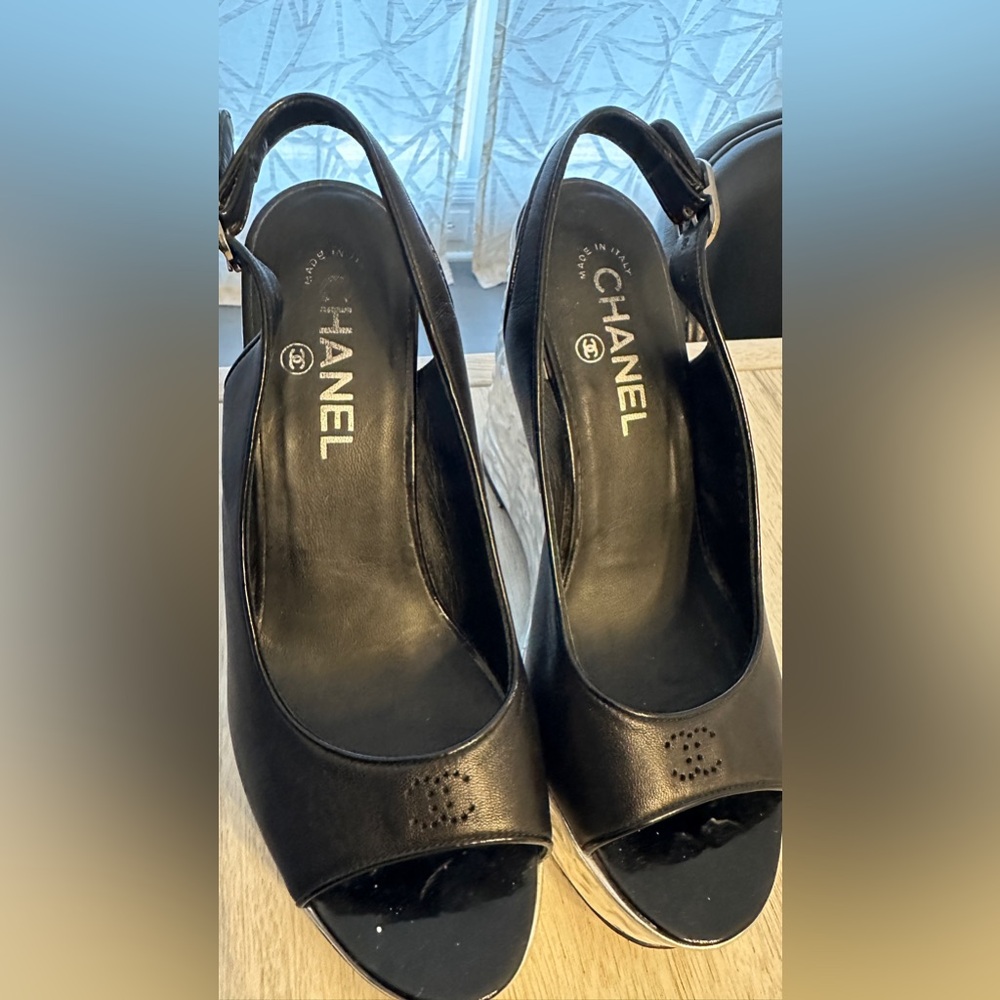Authentic Chanel Black Wedge sandals size 37 - Picture 8 of 9